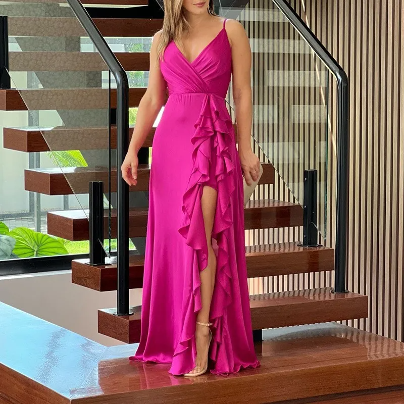 Evelina Sleeveless V-Neck Ruffle Slit Maxi Dress maxi dress Castello Clothing Line