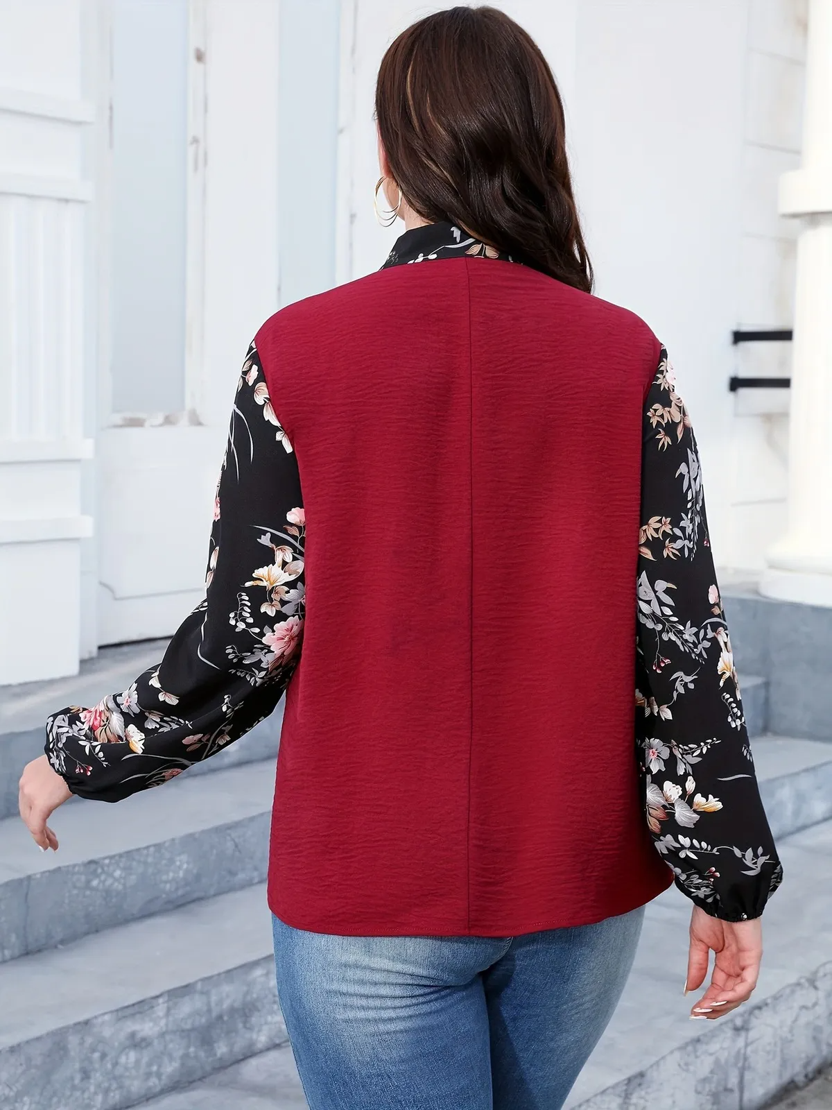 FierceBloom Tie Neck Floral Sleeve Plus Size Blouse Castello Clothing Line