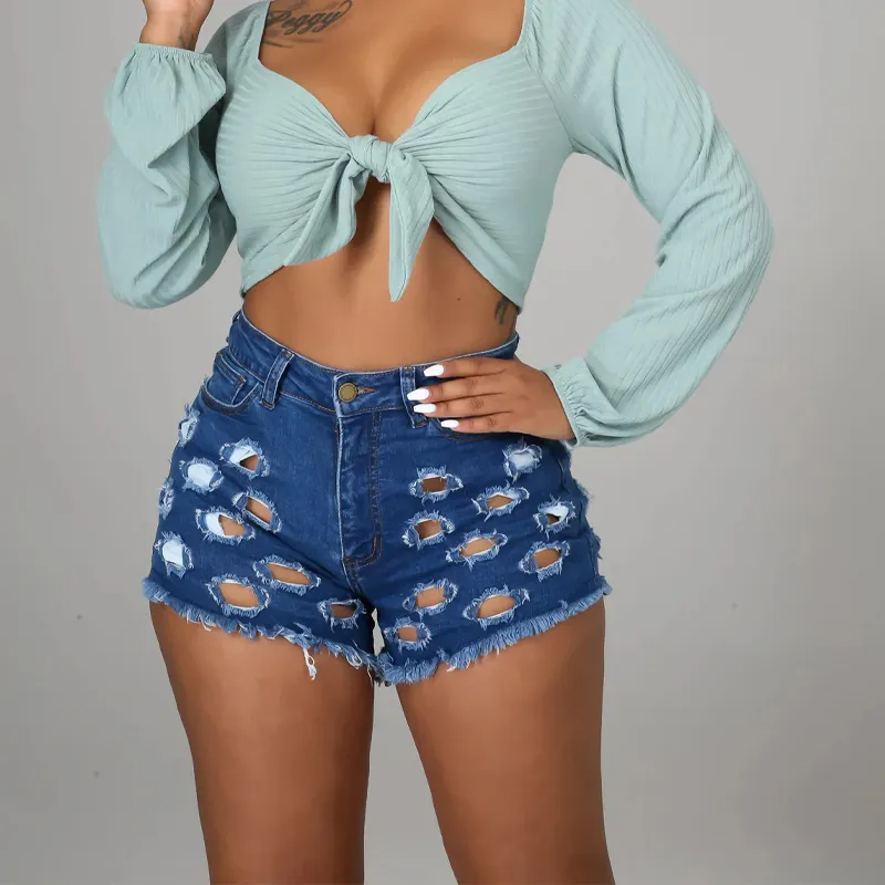 Chaos High-Waist Distressed Cutout Denim Shorts  Castello Clothing Line   