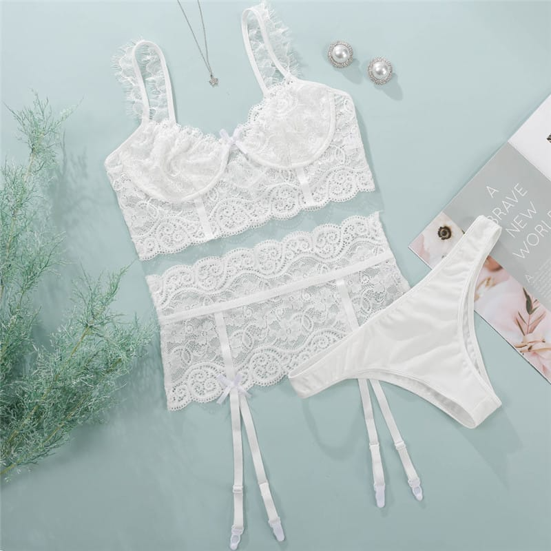 Three-Piece Lace Garter Lingerie Set  Castello Clothing Line   