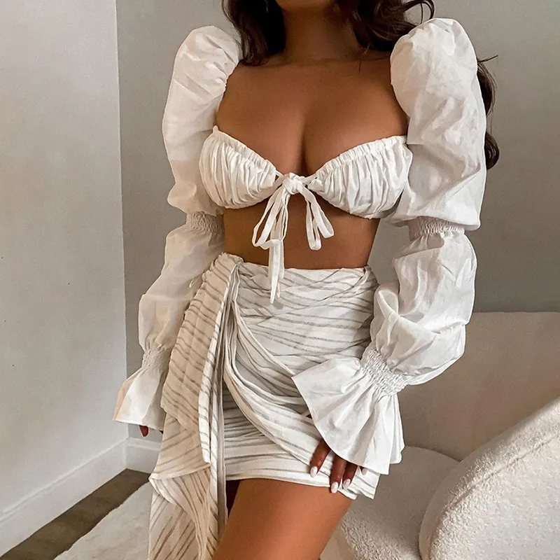 Lure Puff Sleeve Smocked Tie-Front Crop Top Castello Clothing Line
