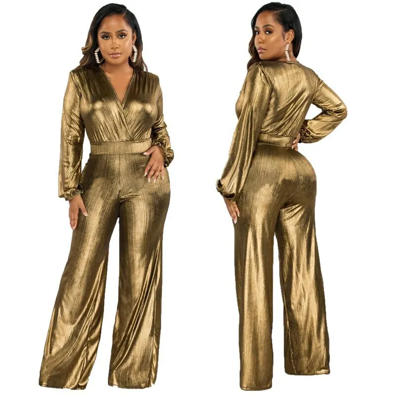 Charlotte Long Sleeve Metallic Wrap Wide Leg Jumpsuit women jumpsuits Castello Clothing Line