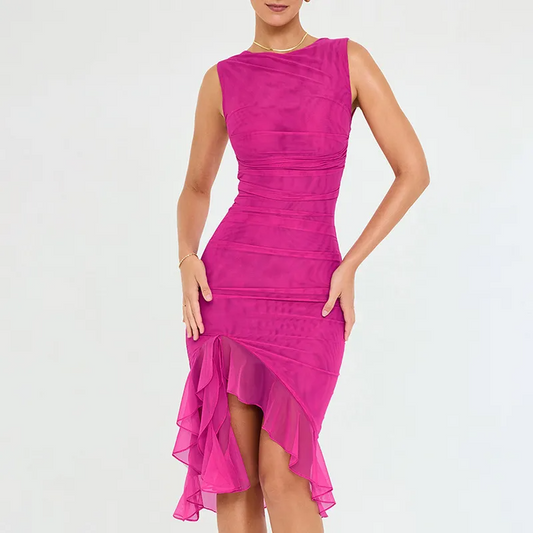 Marissa Sleeveless Ruched Sheer Overlay Bodycon Midi Dress midi dress Castello Clothing Line
