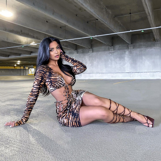 Leopard Print Tie Crop Top & Skirt Set  Castello Clothing Line   