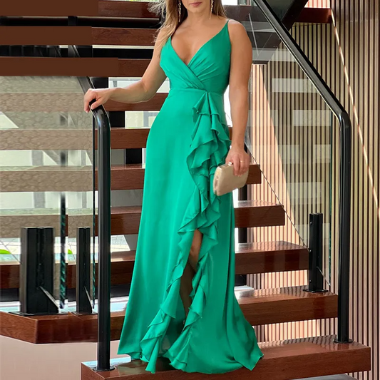 Evelina Sleeveless V-Neck Ruffle Slit Maxi Dress maxi dress Castello Clothing Line