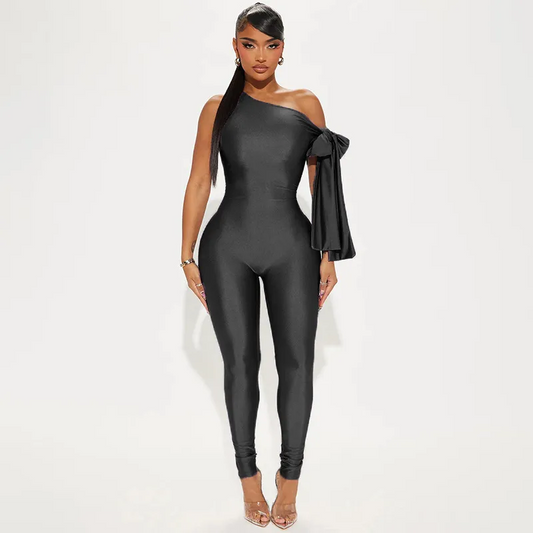 Tova One-Shoulder Tie Sleeve Bodycon Jumpsuit women jumpsuits Castello Clothing Line