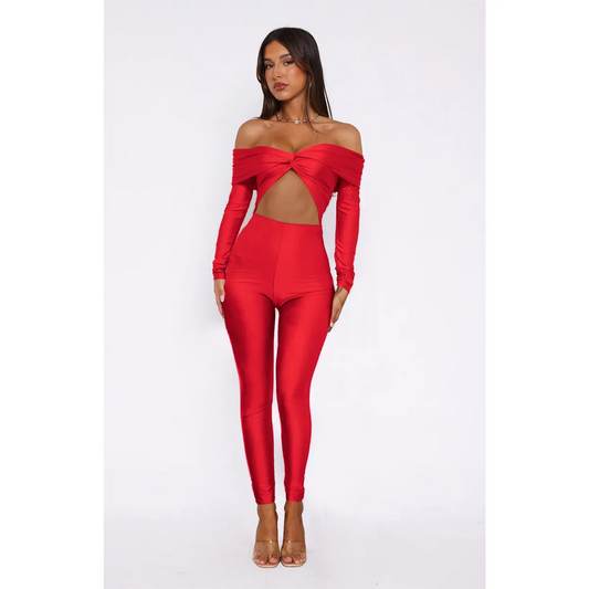 Raina Off-Shoulder Twist Front Long Sleeve Bodycon Jumpsuit women jumpsuits Castello Clothing Line