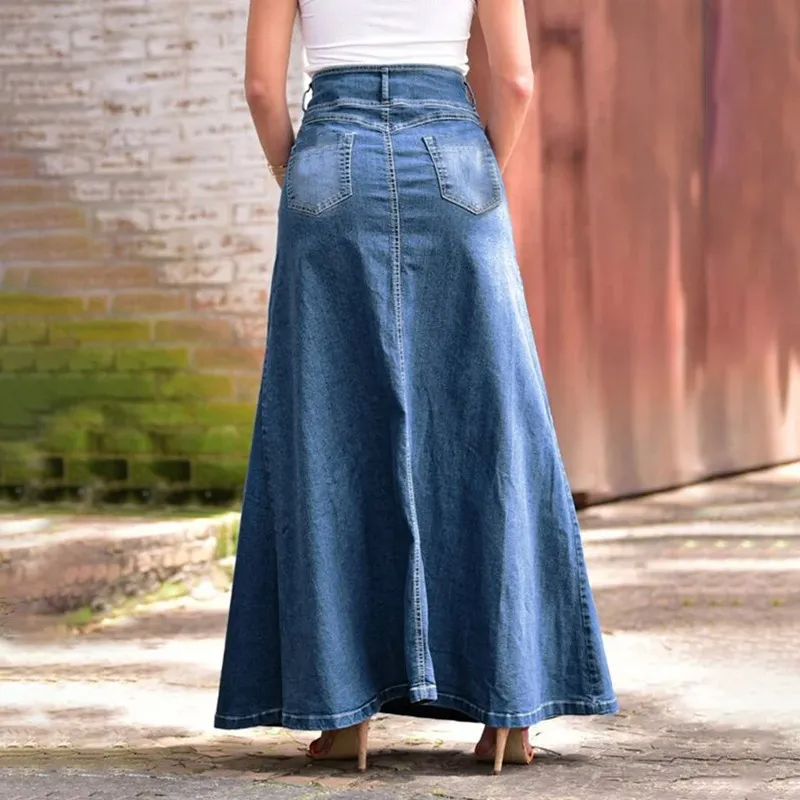 Buttoned Belle Flared Denim Maxi Skirt  Castello Clothing Line   