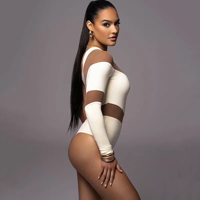 Bold Cut One-Shoulder Mesh Bodysuit  Castello Clothing Line   