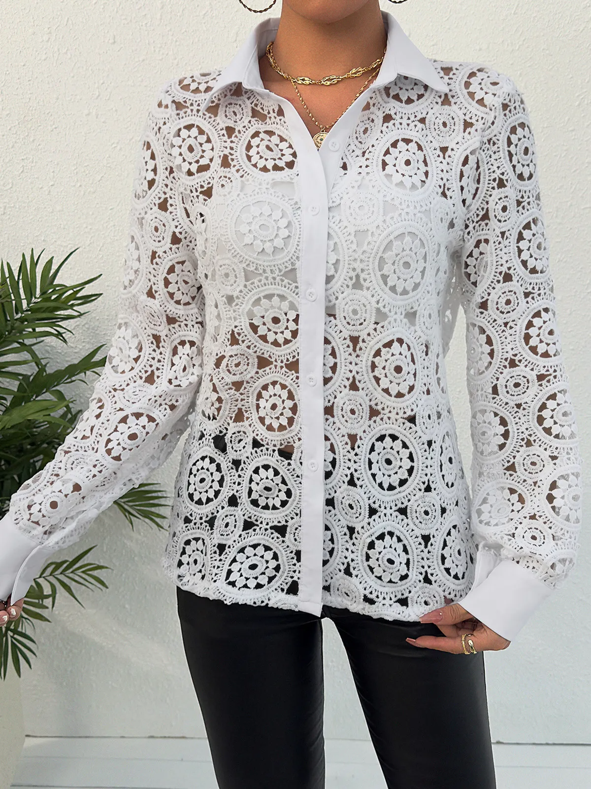 Captivate Sheer Lace Long Sleeve Button-Up Blouse Castello Clothing Line