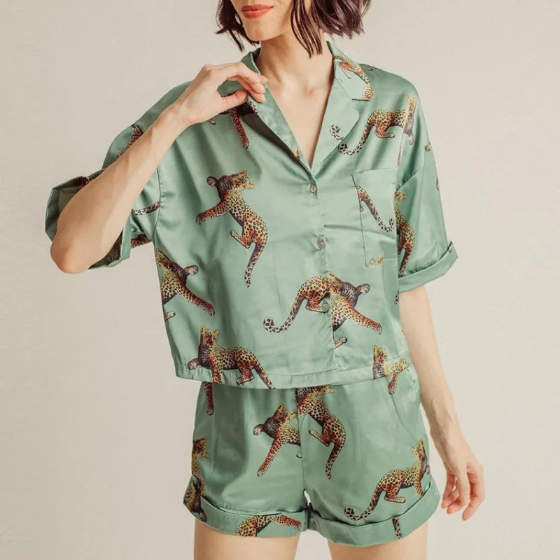 Wild Spirit Satin Short Sleeve Top and Shorts Lounge Set  Castello Clothing Line   