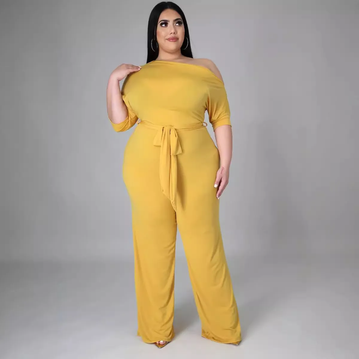 Abigail Plus Size Off-Shoulder Belted Wide-Leg Jumpsuit women jumpsuits Castello Clothing Line