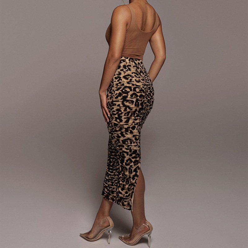 Leopard Print Ruched High Waist Skirt with Back Slit - Polyester/Spandex Blend  Castello Clothing Line   