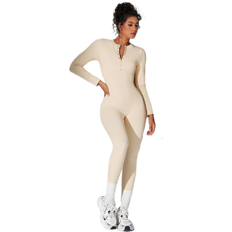 Gigi Long Sleeve Ribbed Henley Bodycon Jumpsuit women jumpsuits Castello Clothing Line