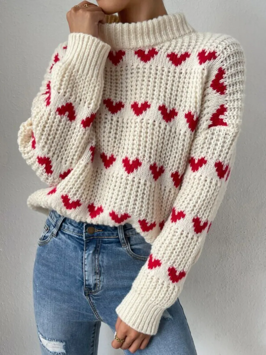 LoveLine Chunky Knit Mock Neck Heart Print Sweater Castello Clothing Line