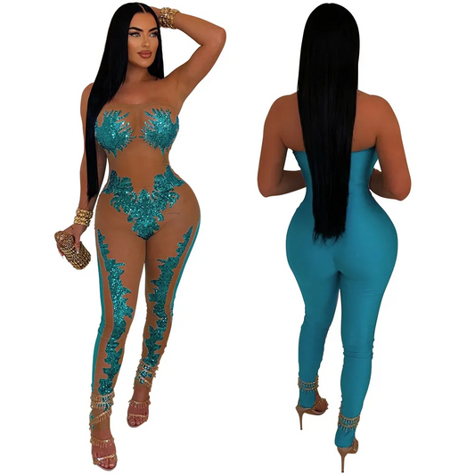 Athena Strapless Sheer Appliqué Bodycon Catsuit women jumpsuits Castello Clothing Line