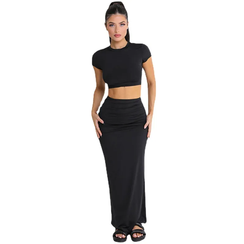 Shaya Cropped Tee Ruched Maxi Skirt Set skirt set Castello Clothing Line