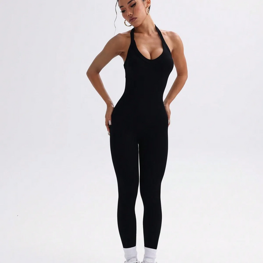 Jenna Sleeveless Ribbed Halter Open Back Jumpsuit women jumpsuits Castello Clothing Line
