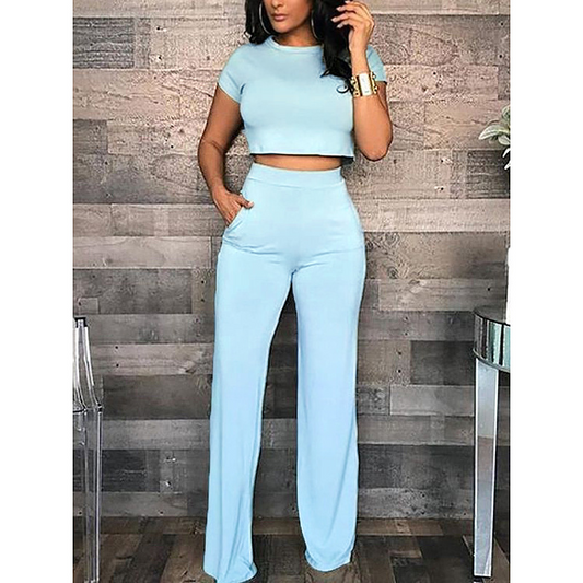 Short Sleeve Crop Top & High-Waist Wide-Leg Pant Set with Pockets  Castello Clothing Line   