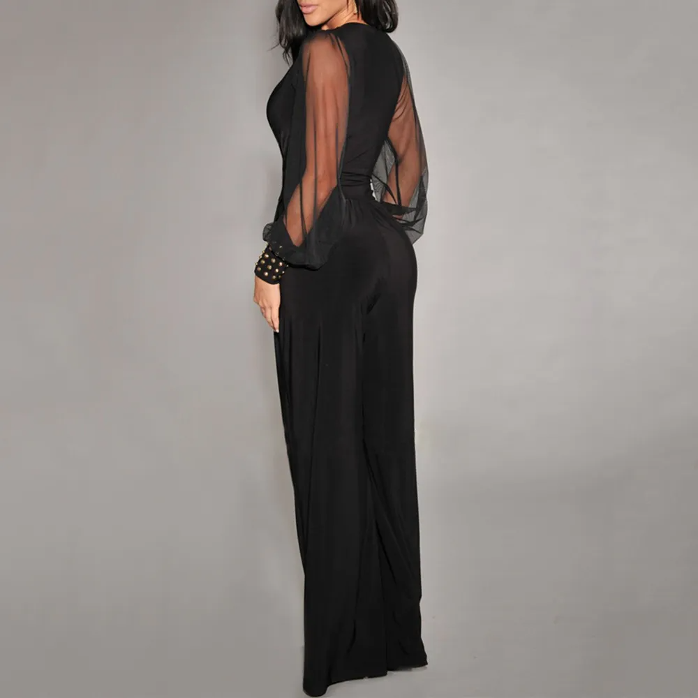 Aaliyah Sheer Sleeve V-Neck Pleated Wide-Leg Jumpsuit women jumpsuits Castello Clothing Line