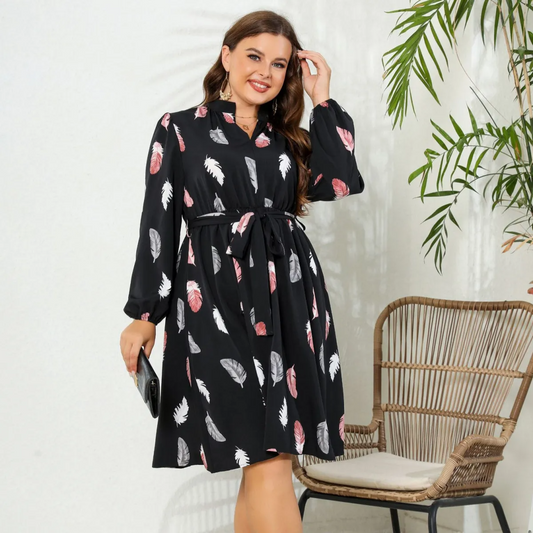 Tara Plus Feather-Print Belted Long-Sleeve Midi Dress mini dress Castello Clothing Line