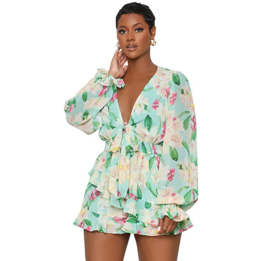 Spring Bloom Floral V-Neck Long-Sleeve Ruffle Romper  Castello Clothing Line   