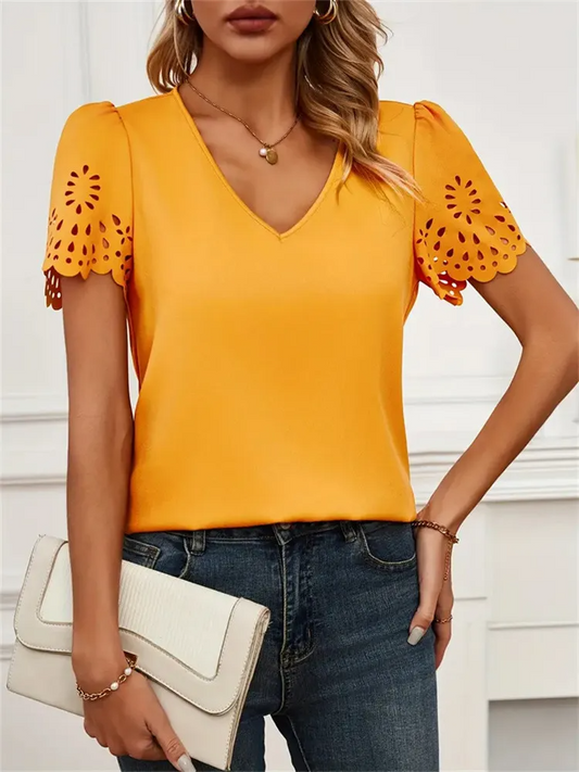 Golden Bloom Eyelet Puff Sleeve V-Neck Blouse Castello Clothing Line