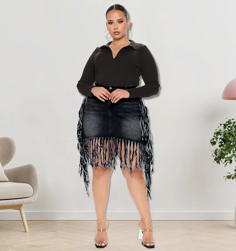 Fringe Frenzy Plus Size Denim Skirt  Castello Clothing Line   