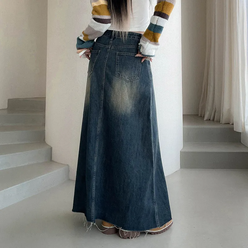 Vintage Vibe Frayed Hem Maxi Denim Skirt  Castello Clothing Line   