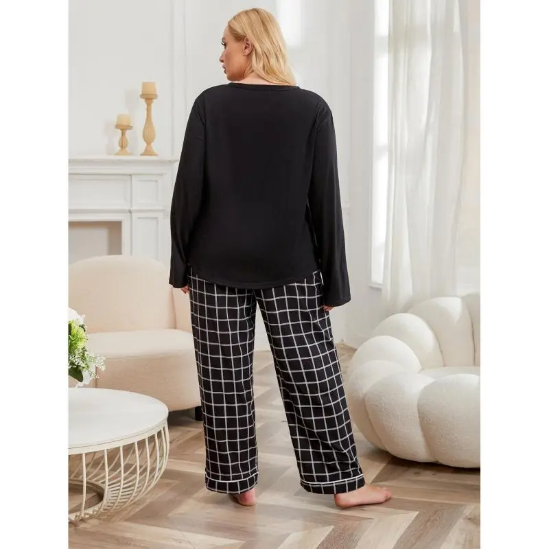 Plus Whimsy Buttoned V-Neck Pajama Top & Plaid Wide Leg Pants Set  Castello Clothing Line   