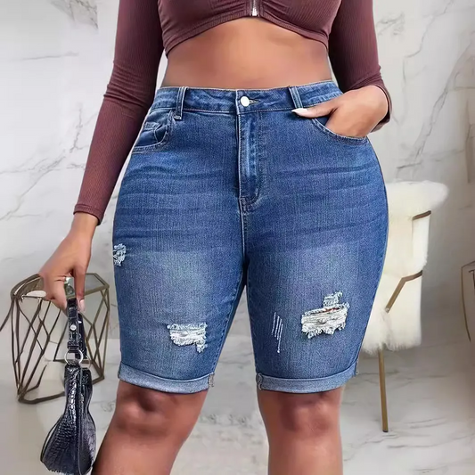 SwayBliss High-Rise Distressed Denim Bermuda Shorts  Castello Clothing Line   