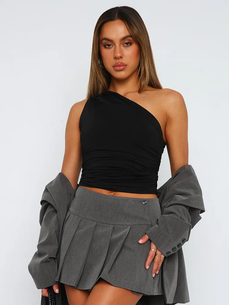 Asymmetrical Charm One-Shoulder Crop Top  Castello Clothing Line   