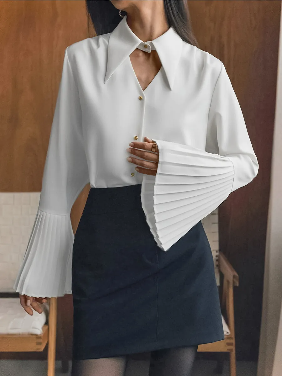 Timeless Charm Long Flare Sleeve Button-Up Blouse  Castello Clothing Line   
