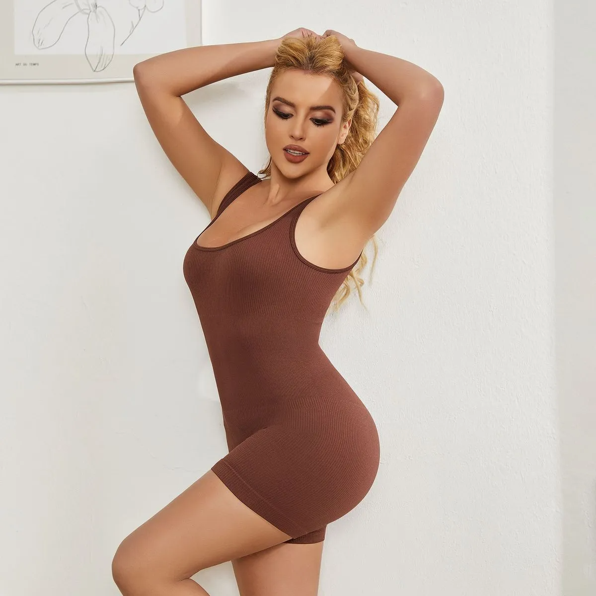 Juna Sleeveless Ribbed Knit Scoop Neck Romper athletic rompers Castello Clothing Line