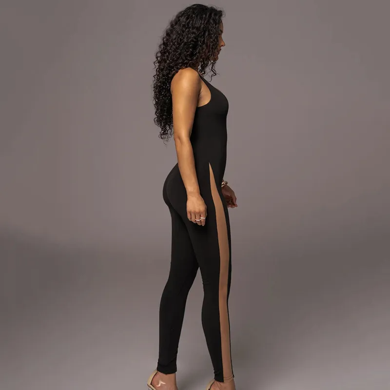Morgan Sleeveless Sheer Mesh Panel Bodycon Jumpsuit bodycon jumpsuit Castello Clothing Line