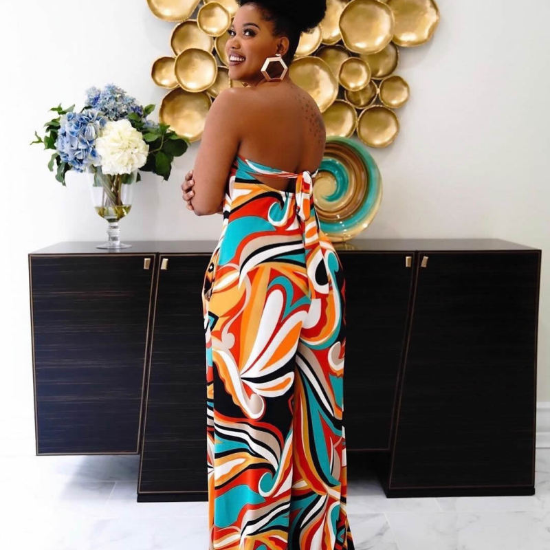 Leah Strapless Abstract Print Wide Leg Jumpsuit women jumpsuits Castello Clothing Line