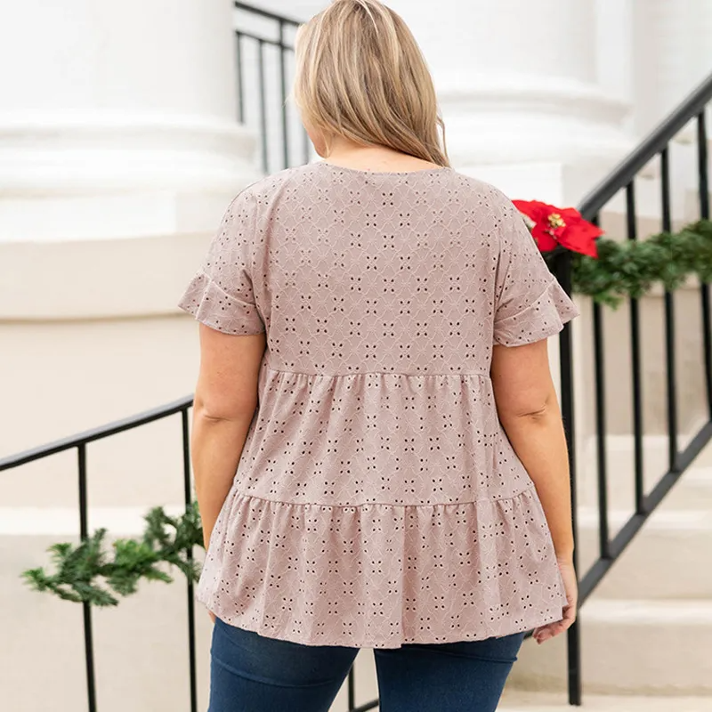 Cascade Tiered Ruffle Short Sleeve Plus Size Babydoll Top Castello Clothing Line
