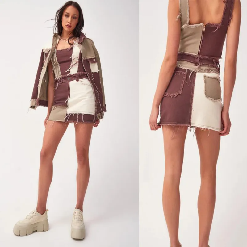 Patch It Up Frayed Denim Mini Skirt  Castello Clothing Line   