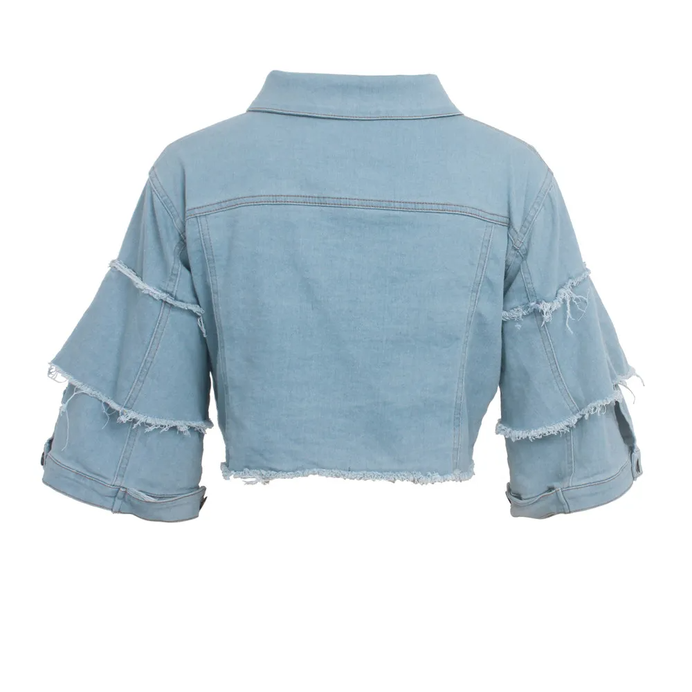 Vandal Ruffle Sleeve Frayed Hem Cropped Denim Jacket Castello Clothing Line