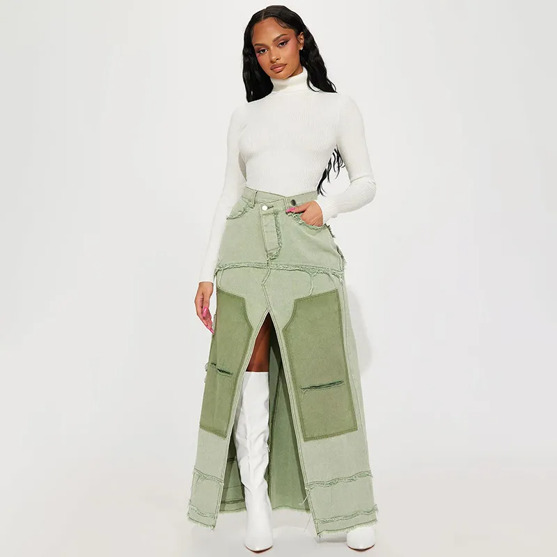 Utility Queen Slit Pocket Denim Maxi Skirt  Castello Clothing Line   
