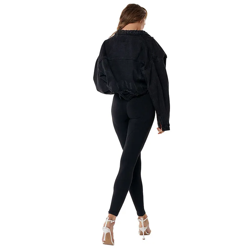 Inferno Cropped Frayed Hem Button-Up Denim Jacket Castello Clothing Line