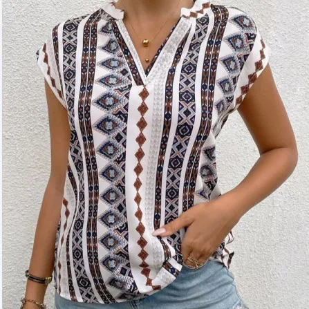 Tribal Threads V-Neck Cap Sleeve Printed Blouse Castello Clothing Line