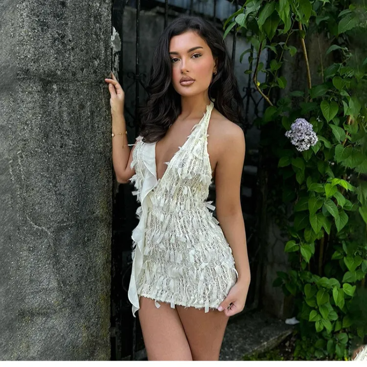 Camilla Plunge Neck Fringe Detail Lace Bodycon Mini Dress mini dress Castello Clothing Line