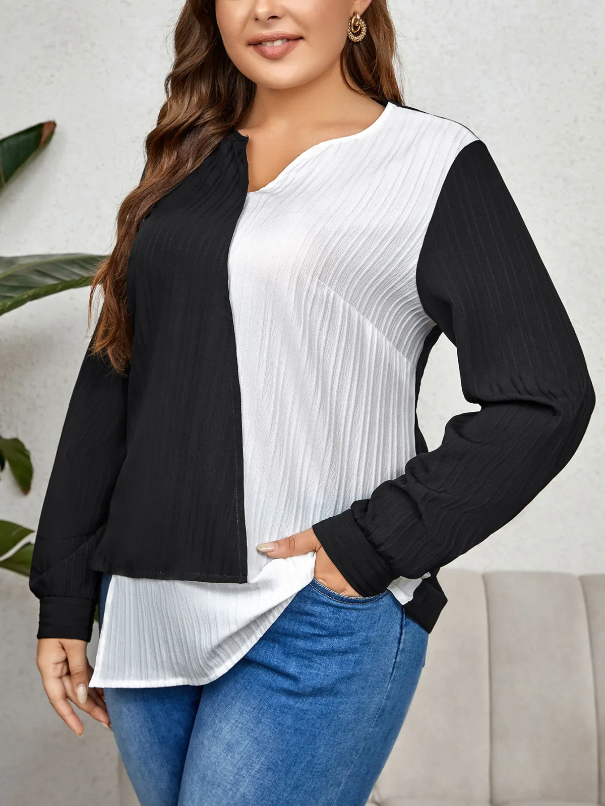 Bold Divide Asymmetrical Long Sleeve Plus Size Blouse Castello Clothing Line