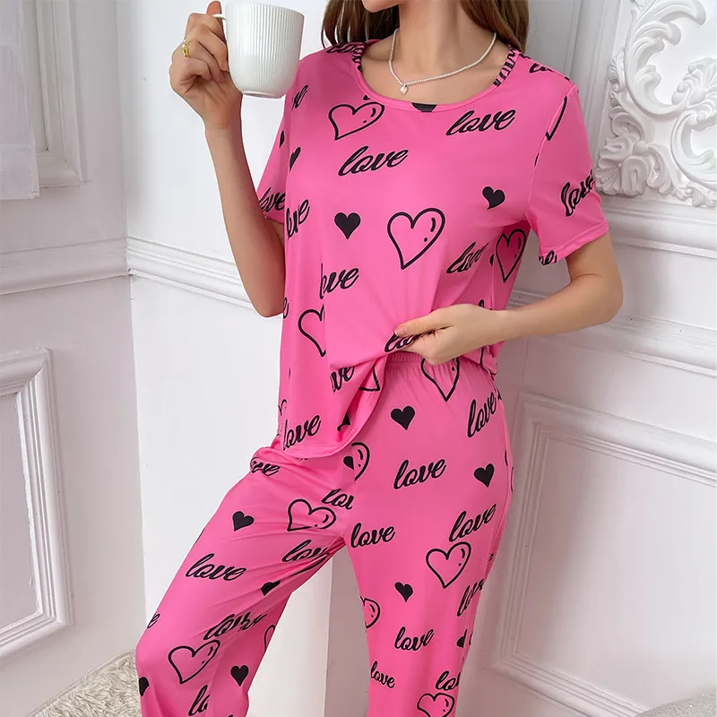 Love Heart Print Tee and Pants Lounge Set  Castello Clothing Line   