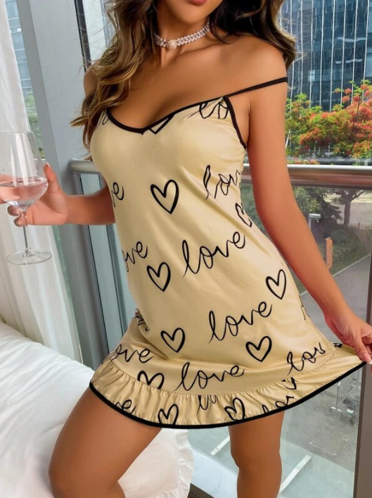 Heart Print Ruffle Nightie  Castello Clothing Line   