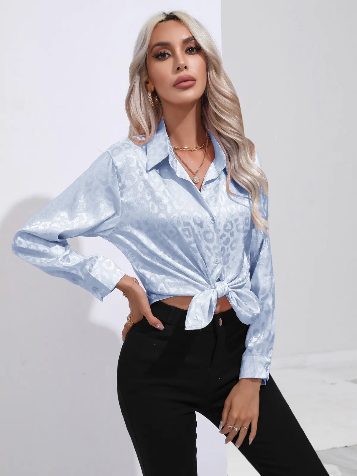 Savvy Spots Satin Button-Up Blouse  Castello Clothing Line   