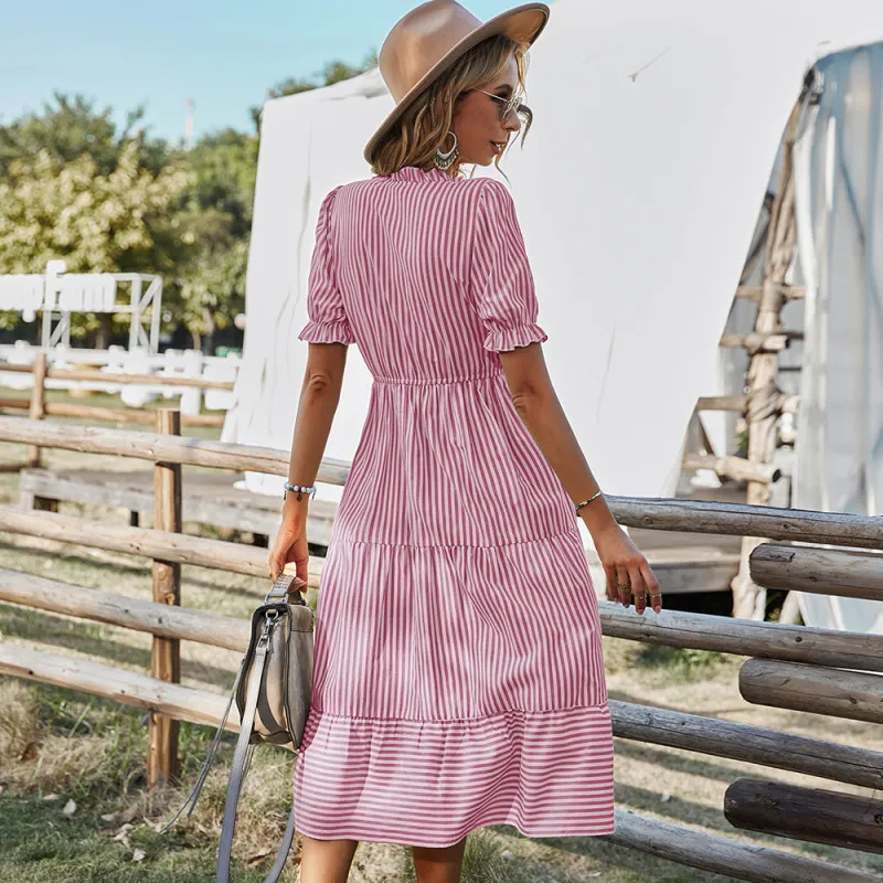 Sophie Striped Short Sleeve Button-Up Midi Dress Castello Clothing Line