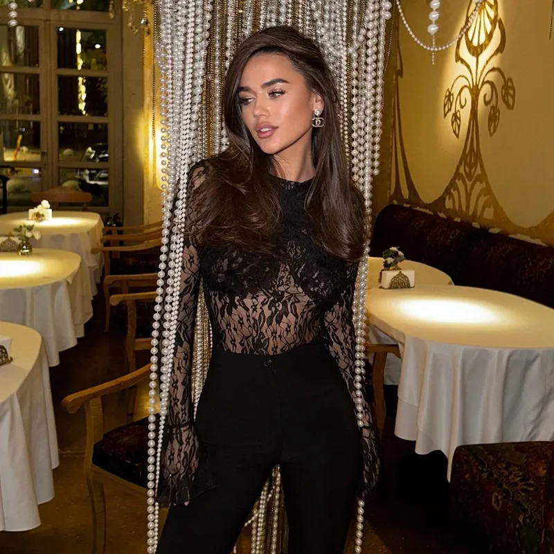 Midnight Whisper Sheer Lace Long Sleeve Bodysuit  Castello Clothing Line   