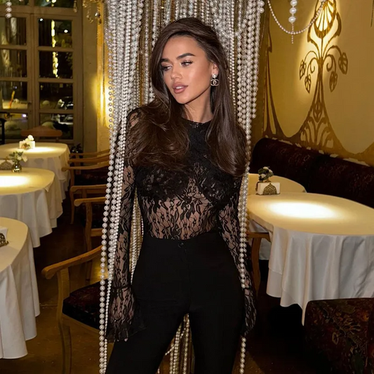 Midnight Whisper Sheer Lace Long Sleeve Bodysuit  Castello Clothing Line   